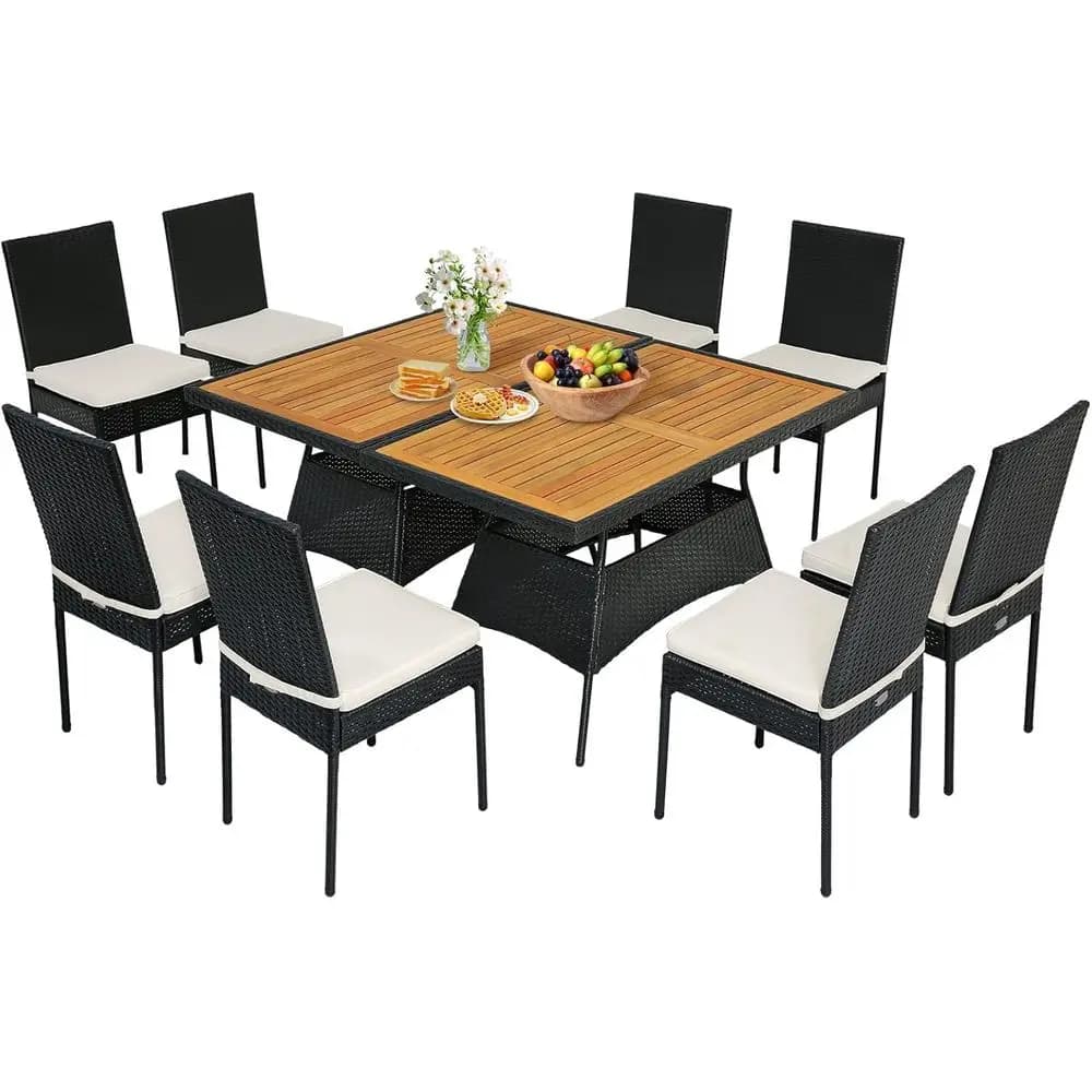 Set da Pranzo da Esterno in Vimini a 10 Pezzi con Sedie Imbottite e Tavolo in Legno di Acacia per Patio, Giardino o Bordo Piscina