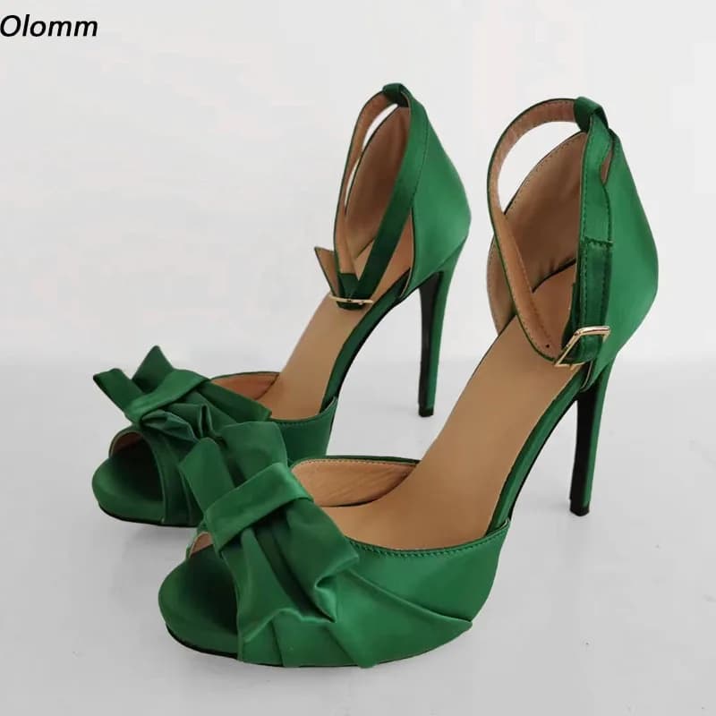 Olomm Sandals with Ankle Strap Handmade by Women stiletto heels with satin butterfly knot Round Toe Green Red Blue Elegant shoes Size 35 47 52