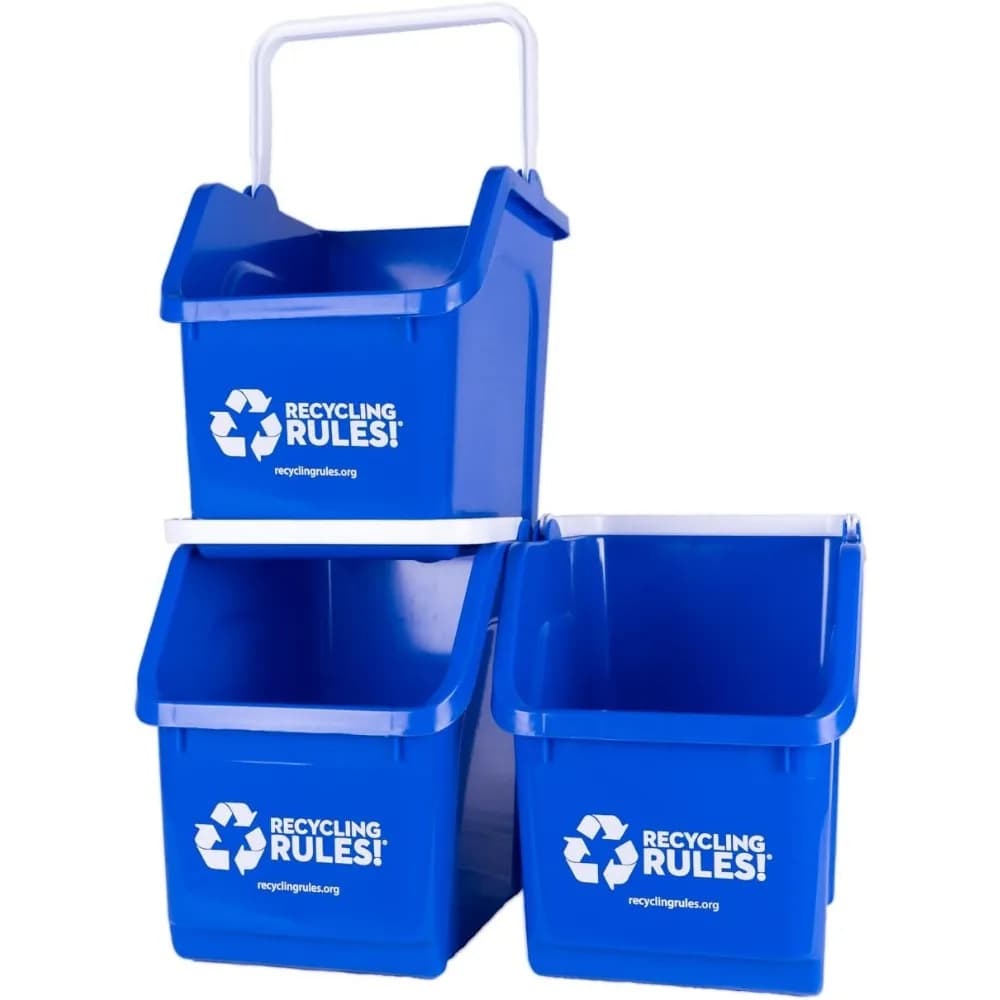 Set di Tre Contenitori Impilabili Blu per Riciclaggio da 6 Galloni con Maniglia, Senza BPA, Ecologici