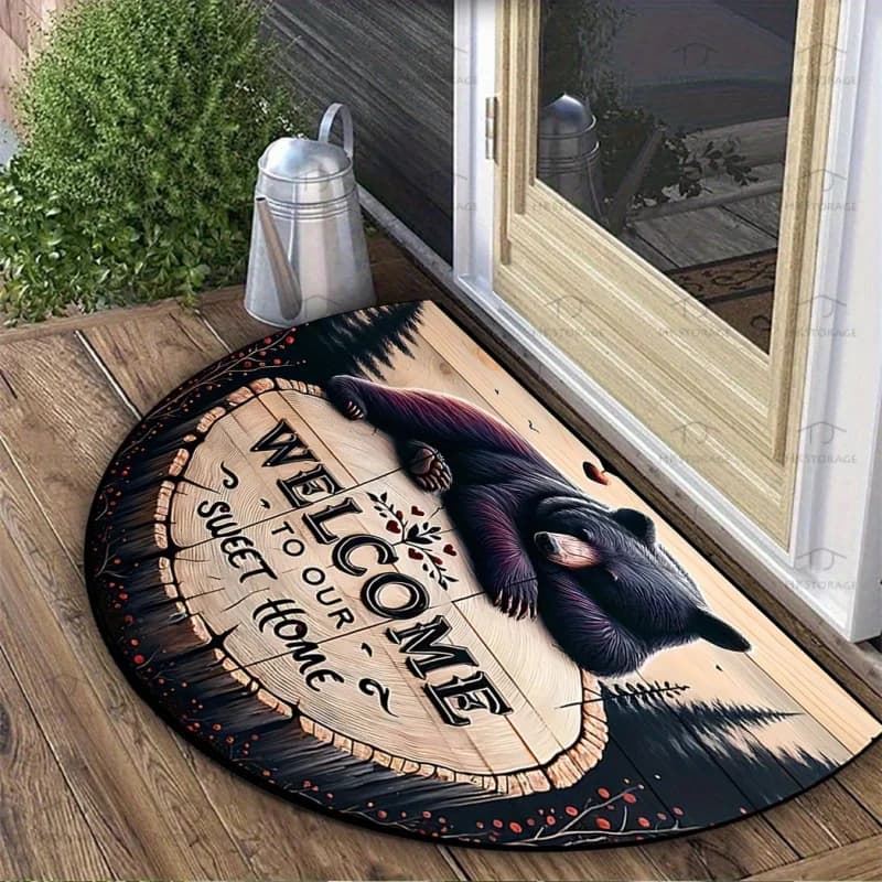 VIKAMA "Welcome To Our Sweet Home" Tappetino per porta con orso, tappeto rustico per l'ingresso con animali selvatici della foresta, tappetino semicircolare lavabile antiscivolo