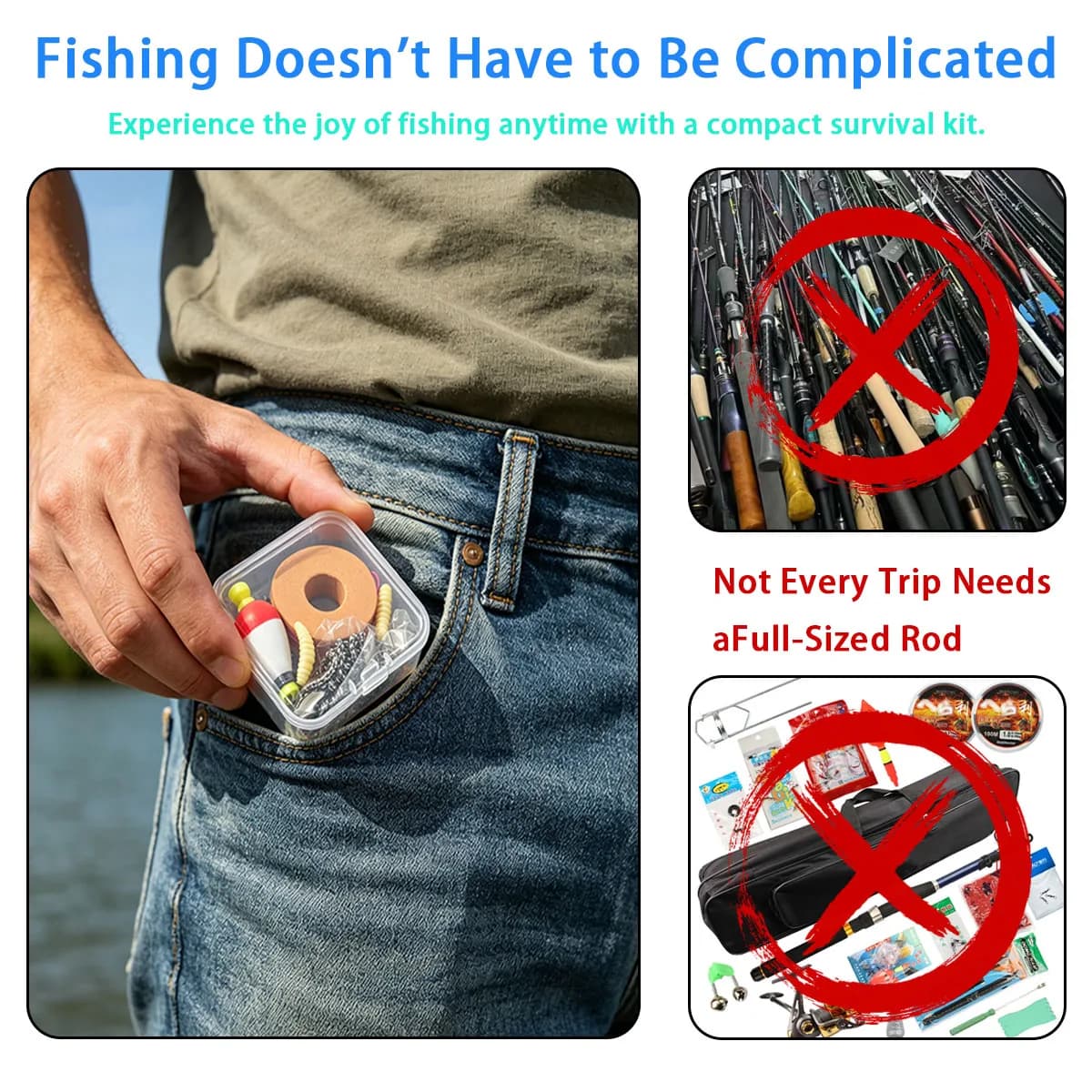 Set di attrezzatura da pesca portatile per emergenze, kit da pesca portatile per emergenze all'aperto con galleggiante, ami, esche, lenza e scatola portaoggetti