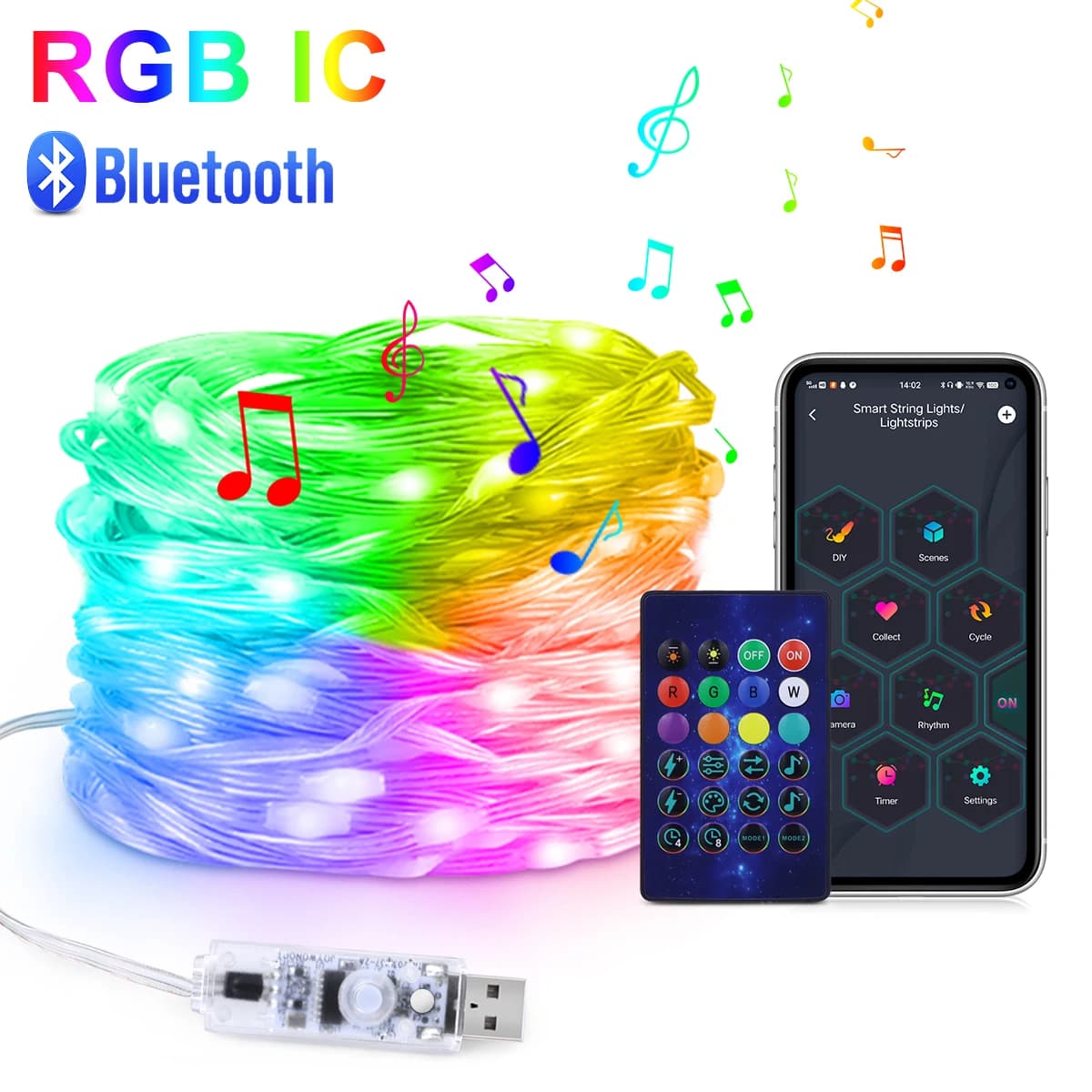 10M/20M programmabile USB 5V LED Light Neon Strip Smart Bluetooth indirizzabile WS2812 RGBIC Fairy String Light per decorazioni natalizie