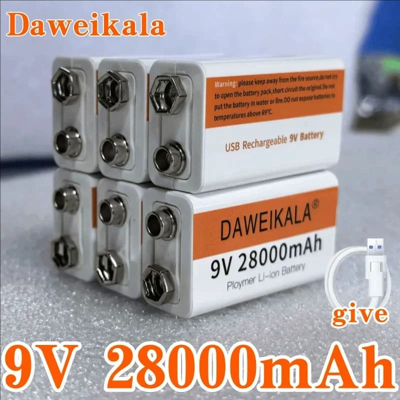 Batteria al litio ricaricabile USB Daweikala 9V 28000mAh 6F22, ad alta capacità per multimetro, microfono, giocattoli, chitarra, KTV