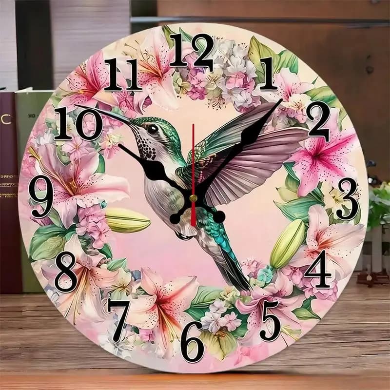 DIY 2D Flat Birds And Flowers Wooden Round Silent Hanging Wall Clock, Suitable For Living Room, Office, Study Room, Bedroom, Home Decoration