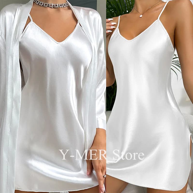 Abito bianco solido Set accappatoio da sposa da donna 2 pezzi Sling Sleepdress Lady Thin Ice Silk Bride Morning Gown Lingerie allentata