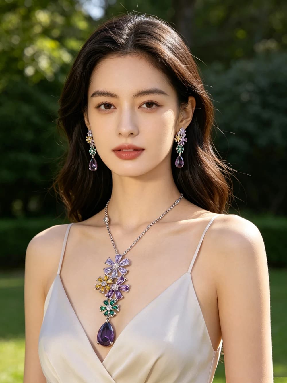 Luxury Colored Zirconia Flower Water Drop Jewelry Set Pendant Necklace Earrings Elegant Charm Women Party Daily Wear Accessories