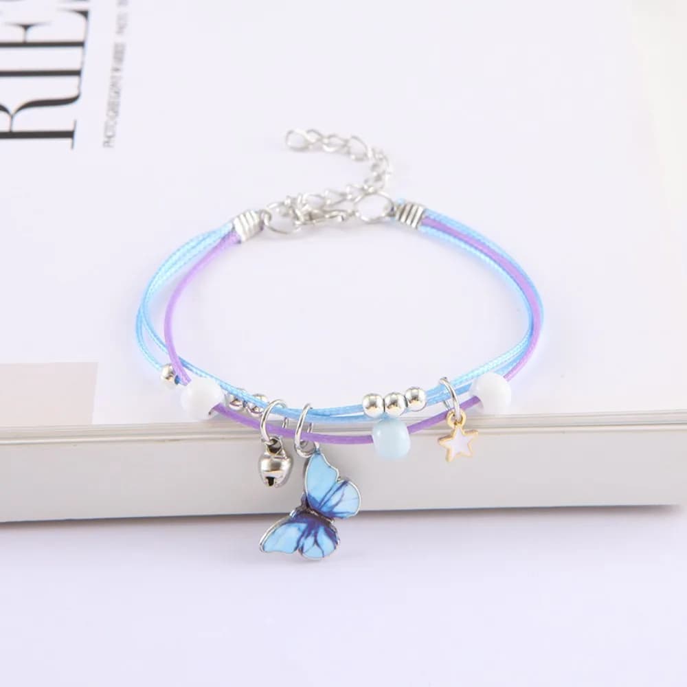 Cute Temperament Star Bell Tassel Blue Butterfly Pendant Hand-woven Rope Multi-layer Bracelet for Women Student Friends Jewelry