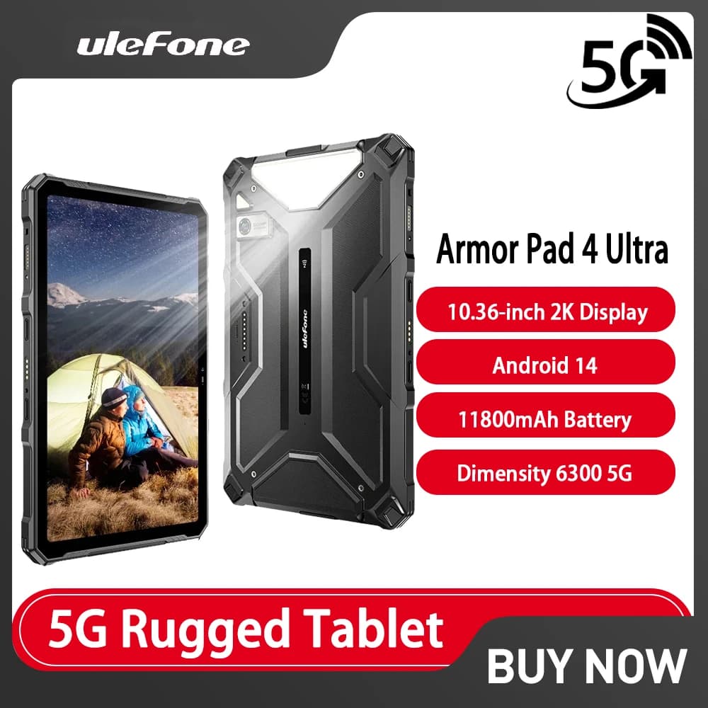 Ulefone Armor Pad 4 Ultra 5G Tablet robusto Android IP68/IP69K Smart Pad 11800mAh 8GB + 256GB 10.36" Tablet con luce LED PC Moda