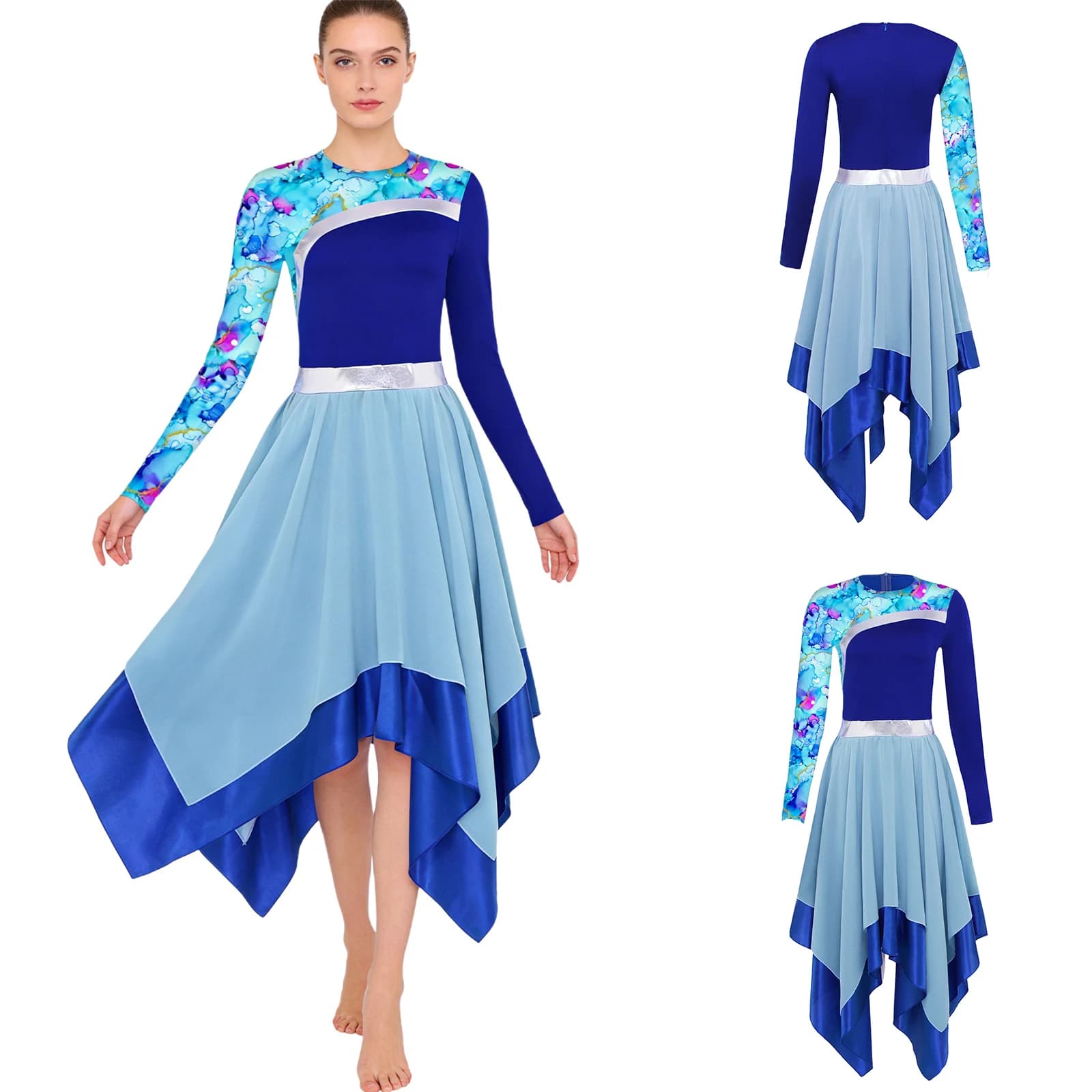 Abito da Danza Liturgica per Donne Adulte, Vestito a Blocchi di Colore a Maniche Lunghe, Tunica per Chiesa, Abbigliamento per Danza Lirica e Moderna
