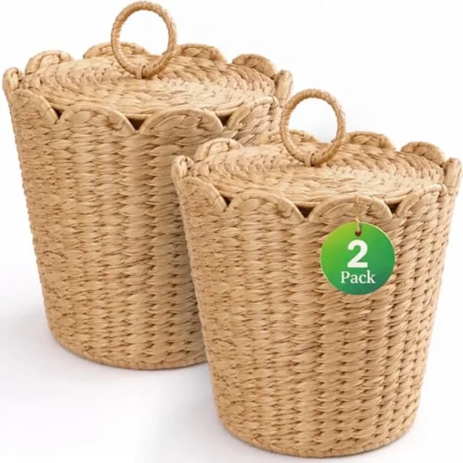 Cestino per Rifiuti in Vimini da 3,7 Galloni con Coperchio, Intrecciato a Mano in Giacinto d'Acqua, Stile Boho per Bagno e Camera da Letto