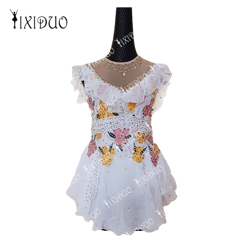Abito da pattinaggio di figura per ragazza da donna Fiore bianco Costume da competizione professionale Gonna da pattinaggio di figura su ghiaccio Strass fatti a mano