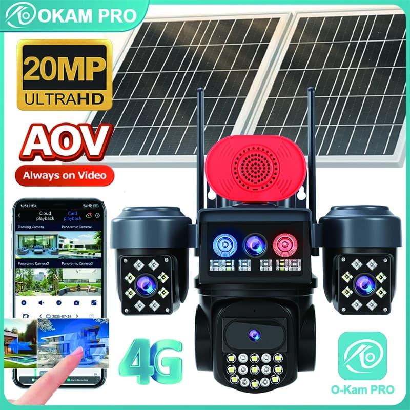 OKAM PRO Altoparlante AOV Telecamera solare 15W Doppio pannello solare HD 20MP Telecamera di sicurezza Luce Allarme Visione notturna a colori Monitoraggio del movimento