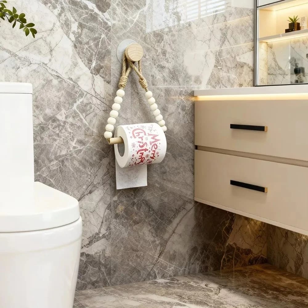Punch-Free Toilet Paper Holder Hemp Rope Design Wooden Balls Accent Roll Paper Dispenser Adhesive Installation Rustic Style