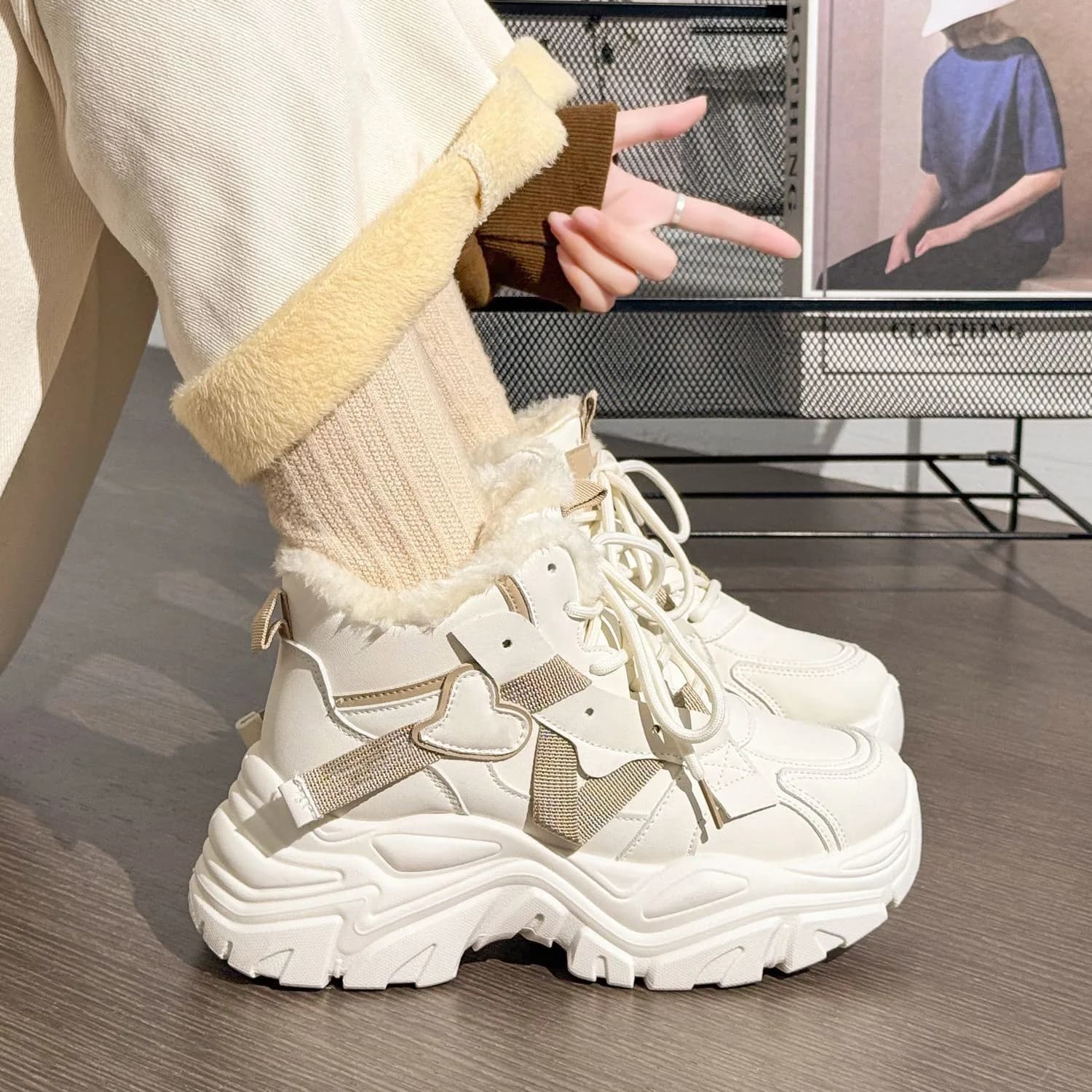 Chic Ladies Fuzzy Lined Chunky High‑Top Sneakers Heart Strap Accent Lace‑Up Cold‑Weather Fashion Statement Boots