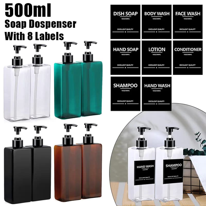 2PCS 500ml Square Soap Dispenser Reusable Bathroom Hand Pump Bottle Liquid Shampoo Container for body washing with waterproof labels