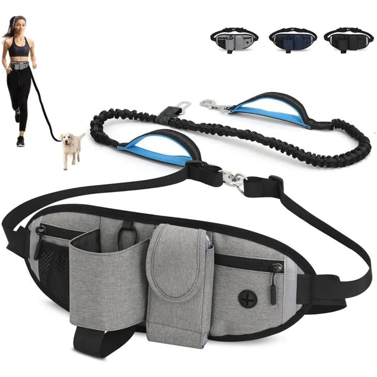 Guinzaglio da corsa per cani a mani libere, cintura in vita con corda elastica e marsupio per escursioni in bicicletta, design senza tirare, riflettente