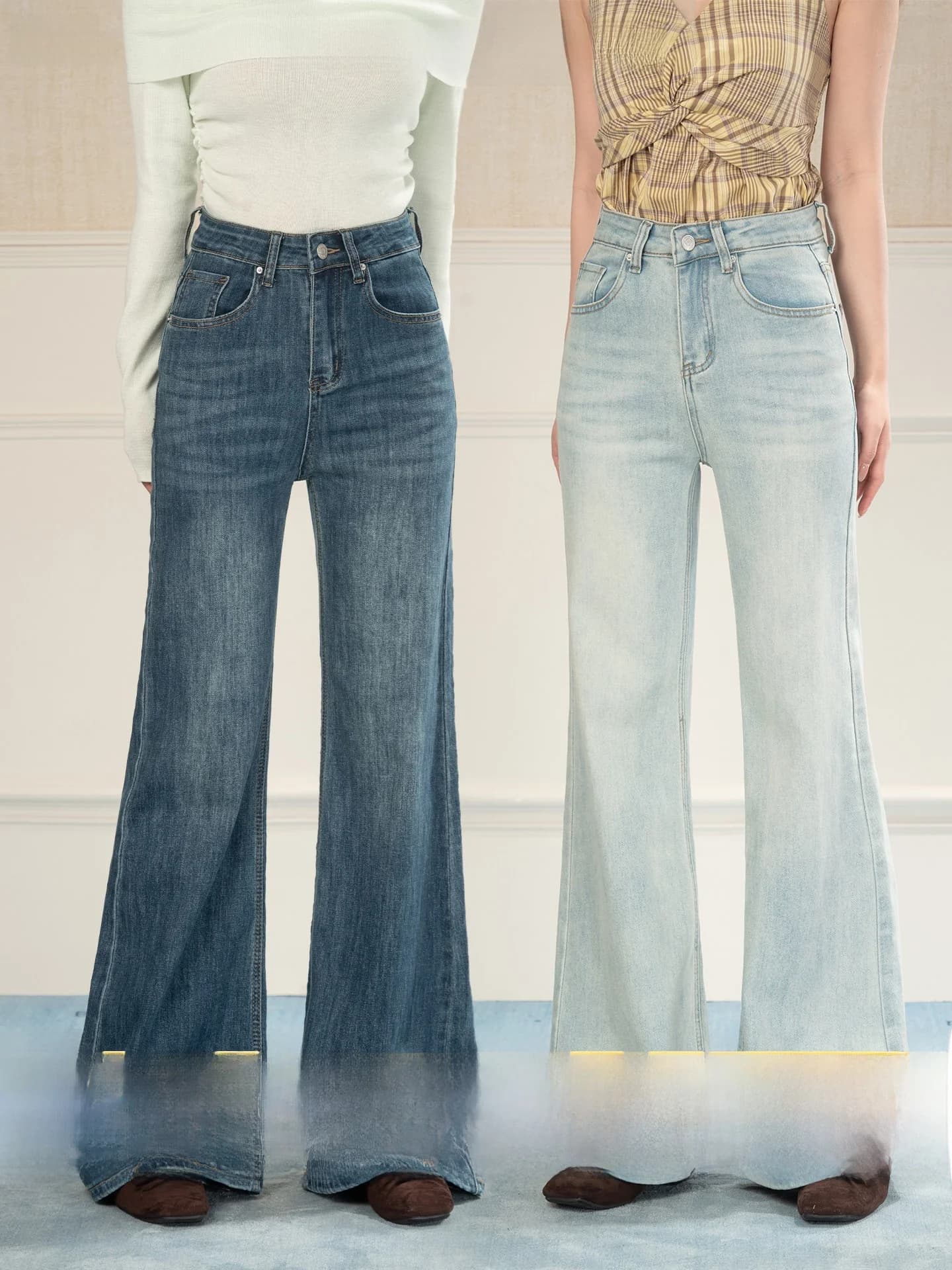 Heynew Jeans svasati stile Hong Kong lavati effetto vintage da donna, versione estiva a vita alta, bellissimi pantaloni lunghi fino al pavimento