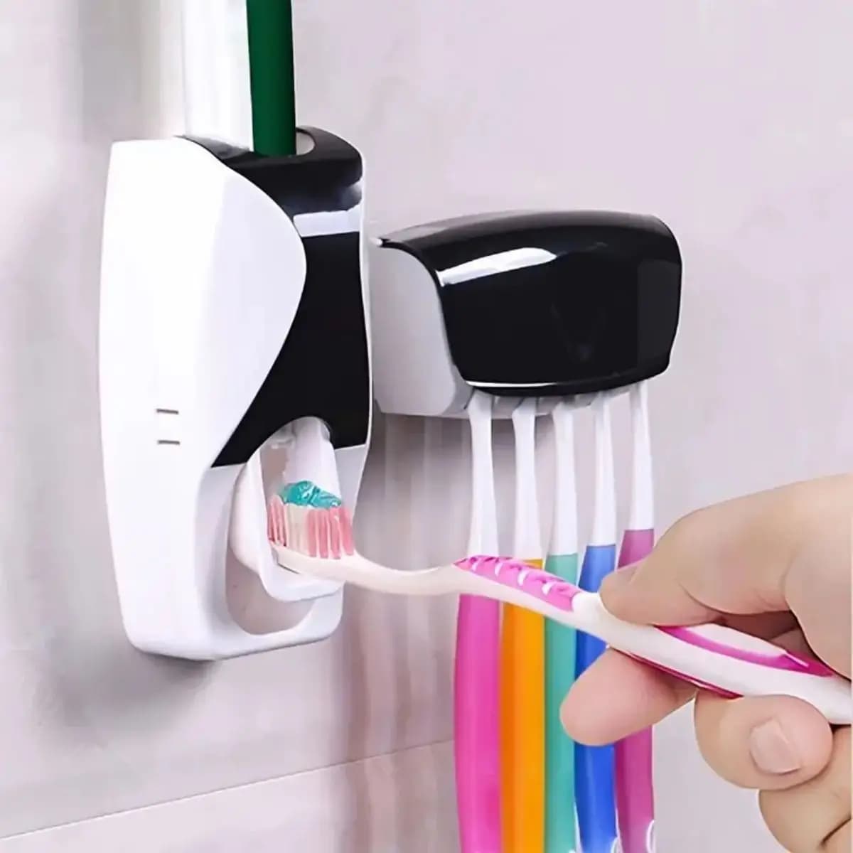 1 set di dispenser automatico di dentifricio e set di portaspazzolino, portaspazzolino a parete, portaoggetti da bagno in plastica con