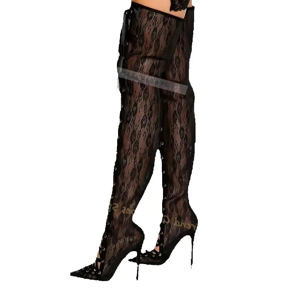 Stivali Neri in Pizzo a Rete con Cinturini, Traspiranti, a Punta, con Tacco Alto Sottile, Stivali Estivi Solidi Sopra il Ginocchio, Scarpe da Donna Nuovo Stile Sexy