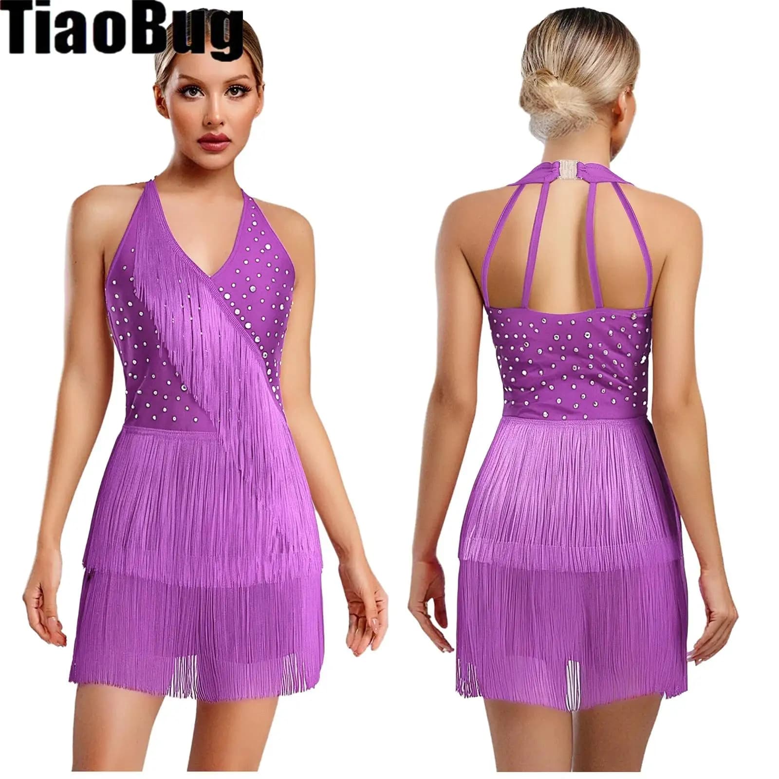 Body da ballo latino da donna Tuta Halter senza maniche Strass Layere Body con frange Pattinaggio di figura Tango Salsa Jazz Costume
