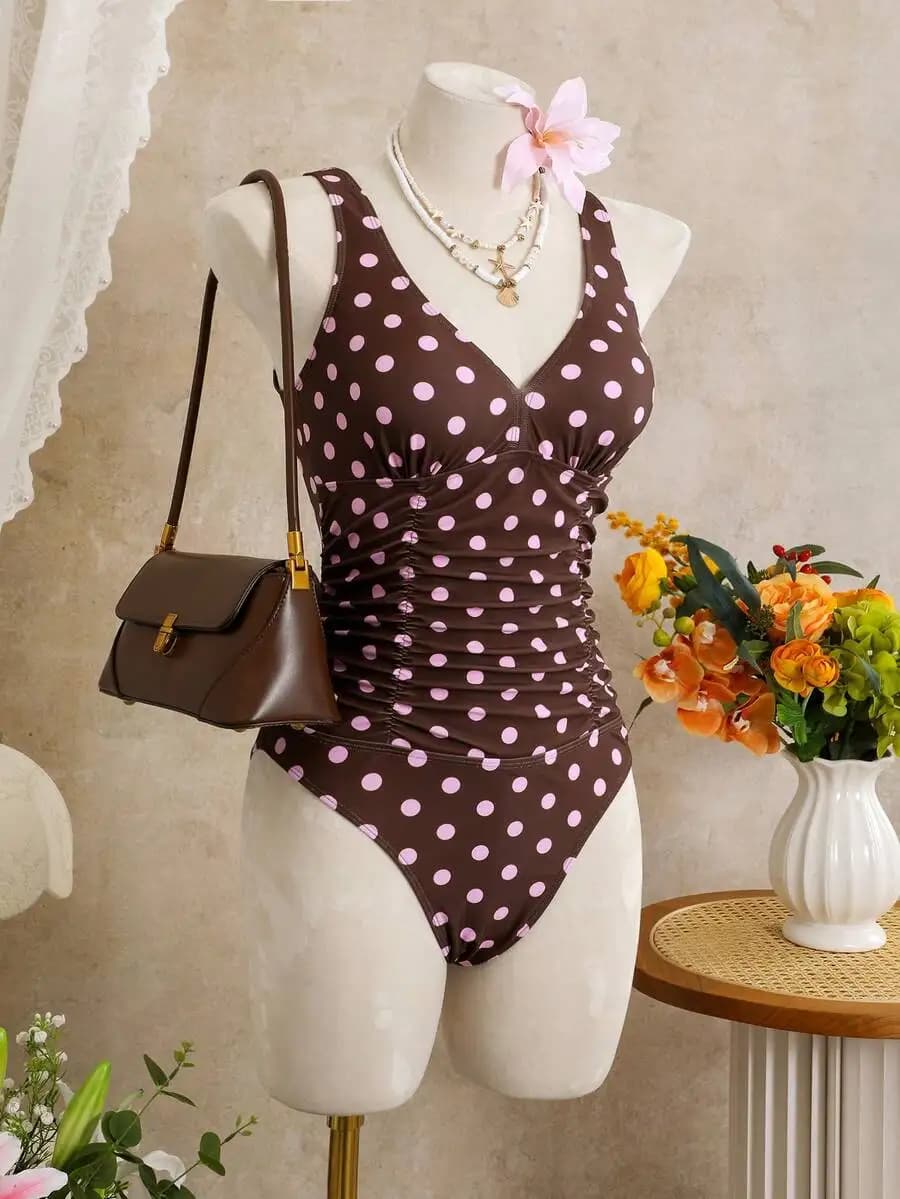 Womens Polka Dot Ruched One Piece Swimsuit With Adjustable Straps Casual Vacation Swimwear