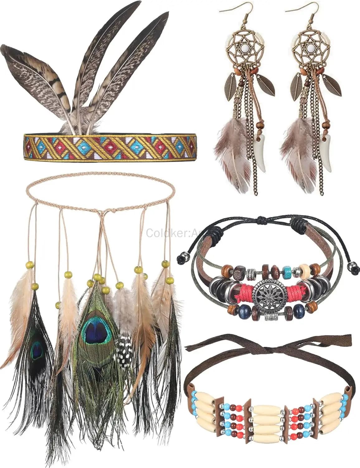 Indian Ethnic Bohemian Accessories Set Dreamcatcher Earrings Feather Headband Beaded Bracelets Peacock Feather for Women
