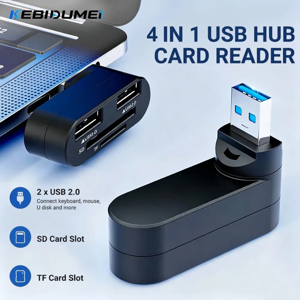 KEBIDUMEI USB Hub SD TF Card Reader 4 Ports USB 2.0 Hub 180 Rotate USB Plug USB Splitter OTG Adapter for Laptop Macbook U Disk