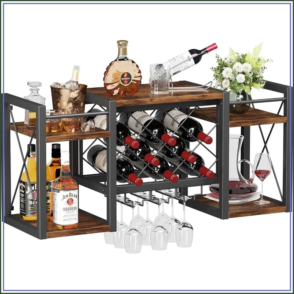 Wall Mounted Wine Rack with Glass Holder, Wood-Metal Retro Bar Shelf for Kitchen Dining Room Home Bar