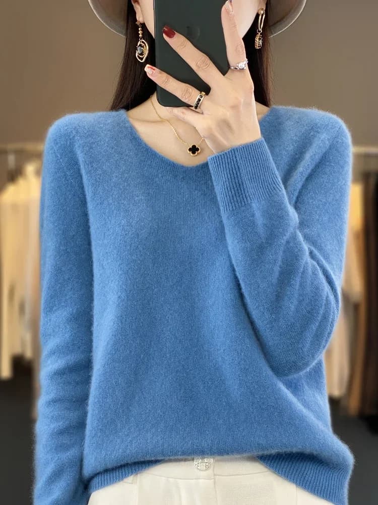 Fashion100% maglione di lana merino pullover di cashmere maglieria da donna scollo a V manica lunga autunno inverno moda abbigliamento basic top
