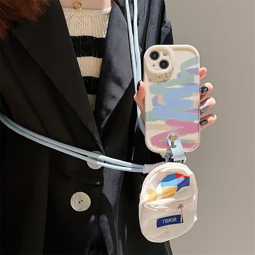 Case for phone mini backpack with oil painting Graffiti, or iPhone 16 Pro Max 16E 14 12 13 11 15 PRO Case XR XS, soft cover with cord