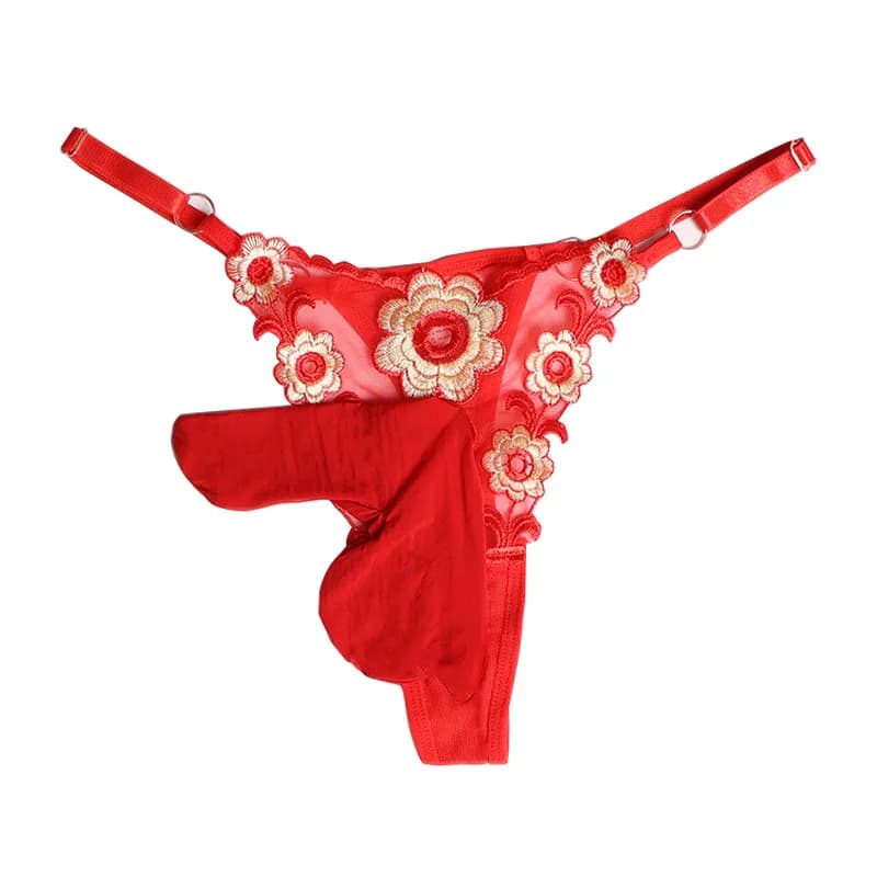 Men's sexy thong in floral embroidered lace bullet case separation underwear adjustment belt Sissy briefs