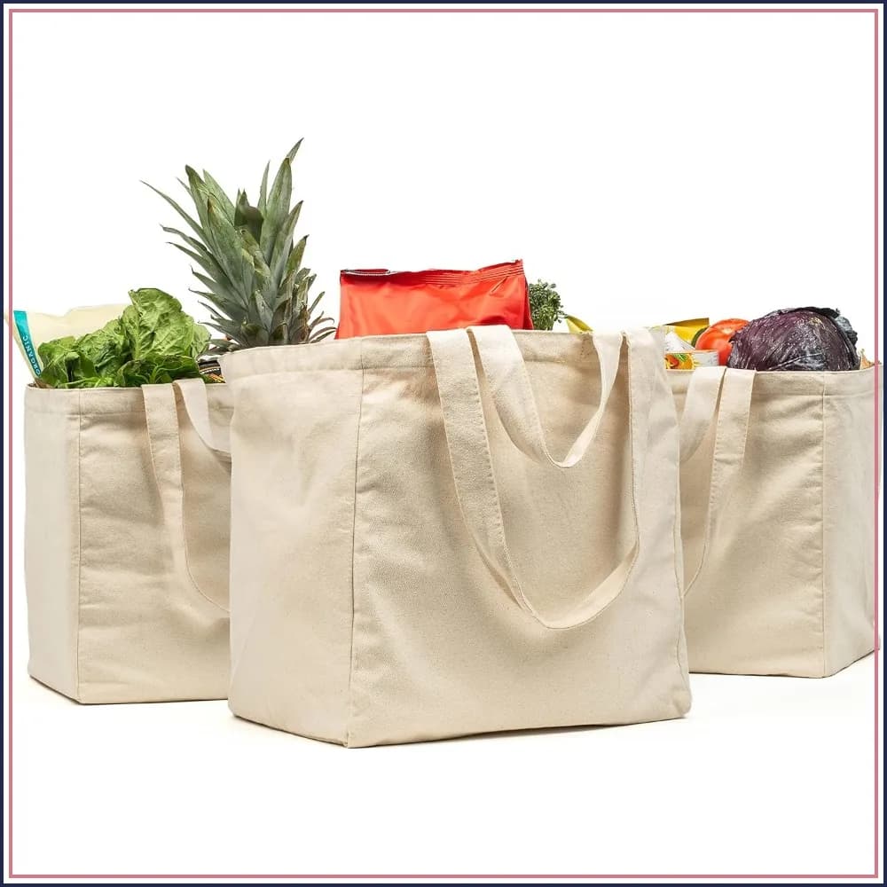 Canvas Grocery Bag 3pc XL Set with Real Pockets, Long Shoulder Strap and Short Handle, Heavy Duty, Foldable, Washable