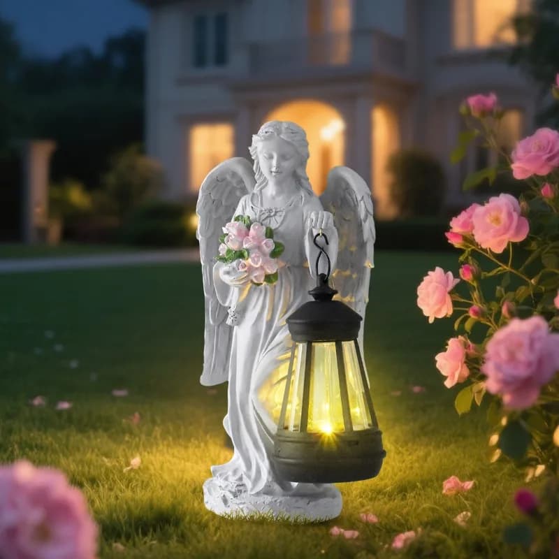 Luce Solare da Esterno, Statua da Giardino a Forma di Angioletto per Decorazione Cortile, Decorazione Esterna, Statua di Angelo Fatato per Giardino