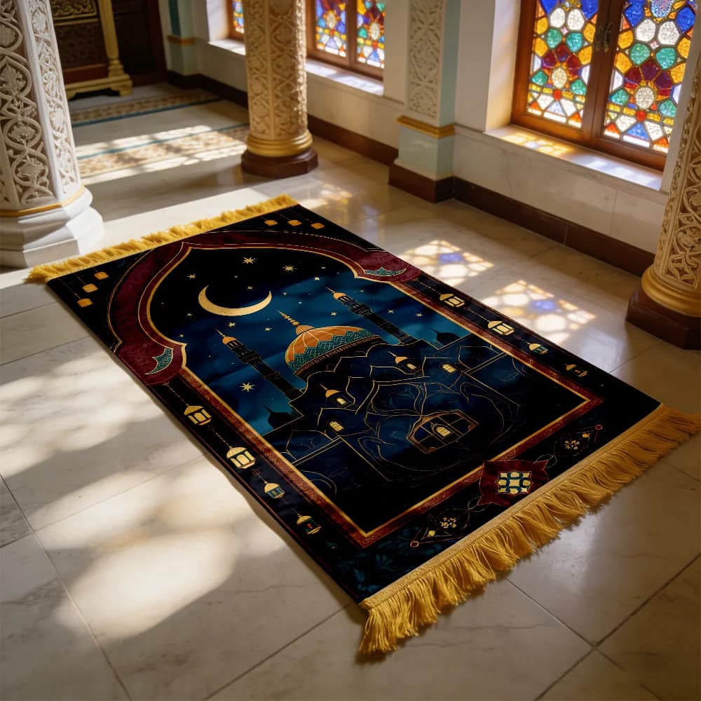 Tappetino da Preghiera VIKAMA con Design Notturno della Moschea, Pieghevole, Portatile, Lavabile, Tappeto da Viaggio Musulmano per Regalo Ramadan ed Eid