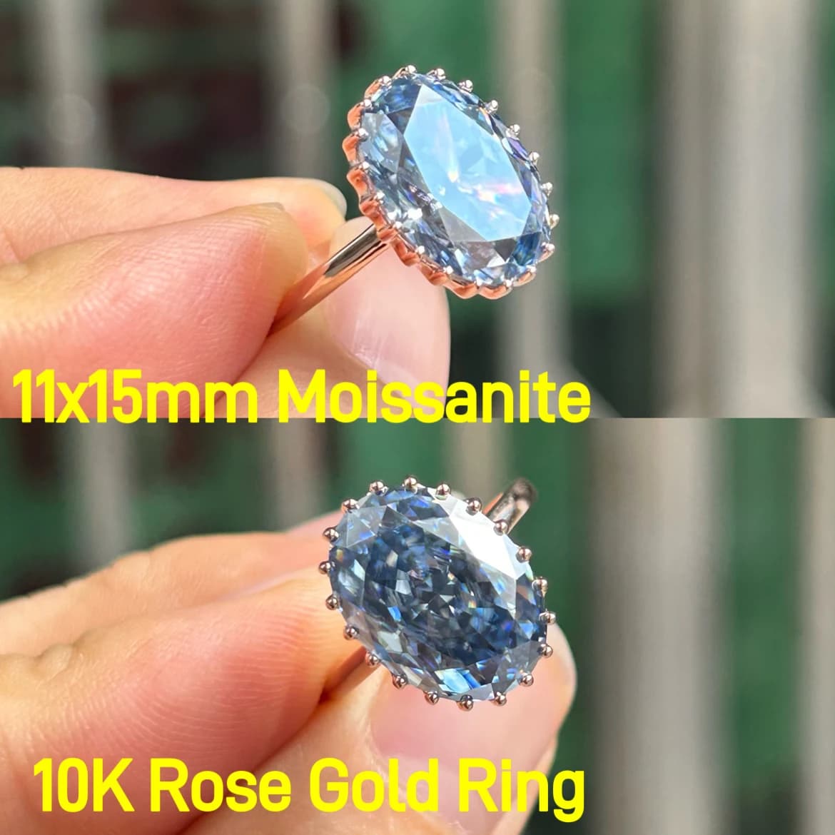 Anello in oro rosa massiccio 10K pietra principale taglio ovale 11x15mm 10 carati anelli Moissanite azzurro