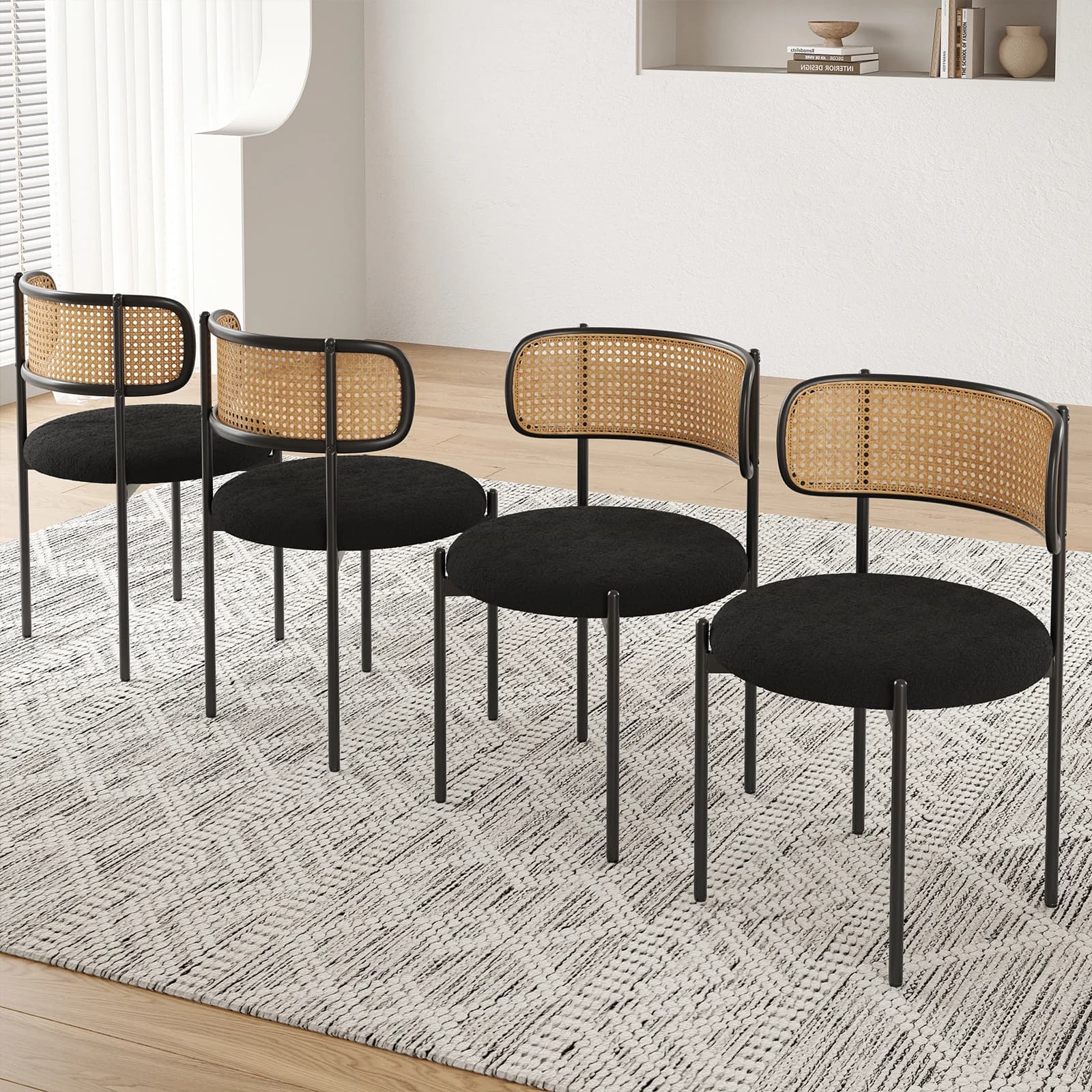 Set di 4 Sedie da Pranzo Moderne Imbottite, Sedie con Schienale in Rattan, Sedie da Cucina Decorative con Gambe in Metallo