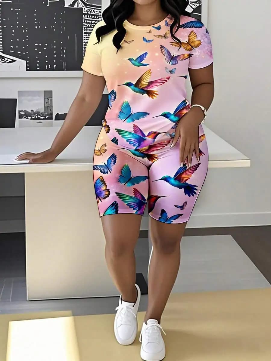 Womens Crew Neck Short Sleeve Shorts Set With Hummingbird Butterfly Print For Spring Summer Casual Wear
