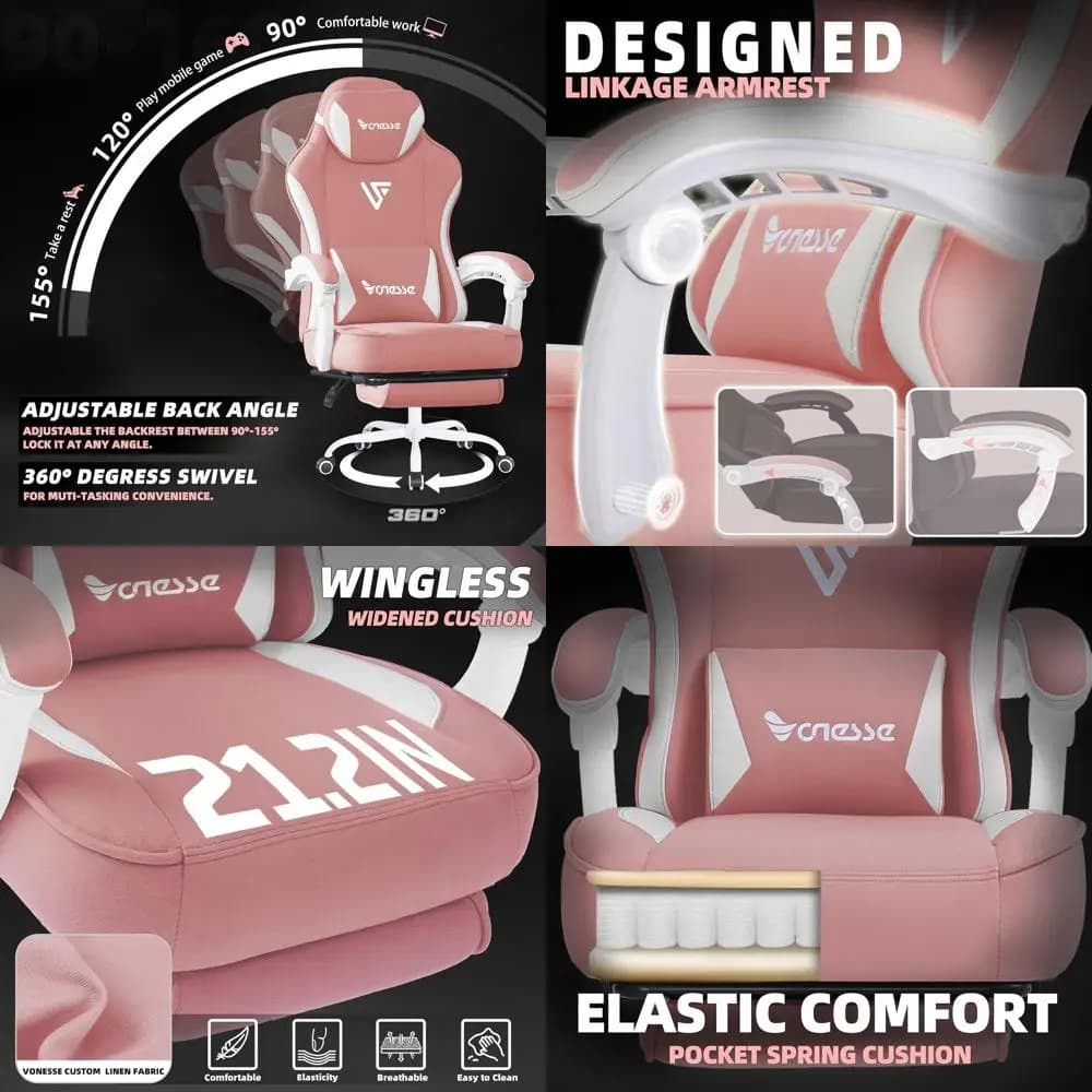 Ergonomics Pink Gaming Chair with Spring Cushion, Poggiapiedi and Support Lombare Massage for Adults up to 250 Books