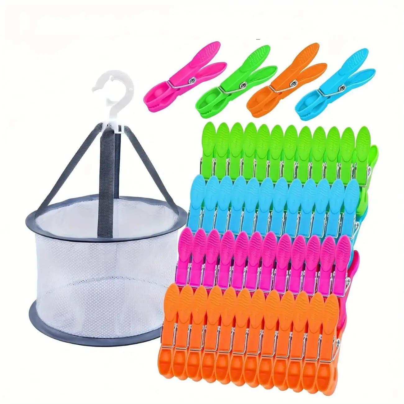 24 appendiabiti in plastica e 1 cestino portaoggetti. Questi mollette per bucato antivento sono perfette per asciugare i vestiti e possono essere utilizzate anche come borse da viaggio. Progettato appositamente per l'organizzazione della casa e della lavanderia, adatto per riporre vestiti e ottimizzare lo spazio.
