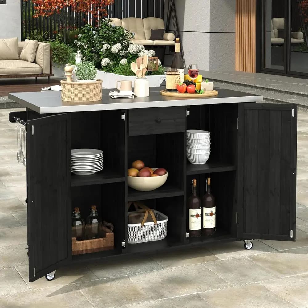 Carrello da Esterno in Acciaio Inossidabile per Barbecue, Isola Cucina in Legno con Spazio Contenitore, Tavolo Bar Mobile con Porta Spezie e Porta Asciugamani, Nero
