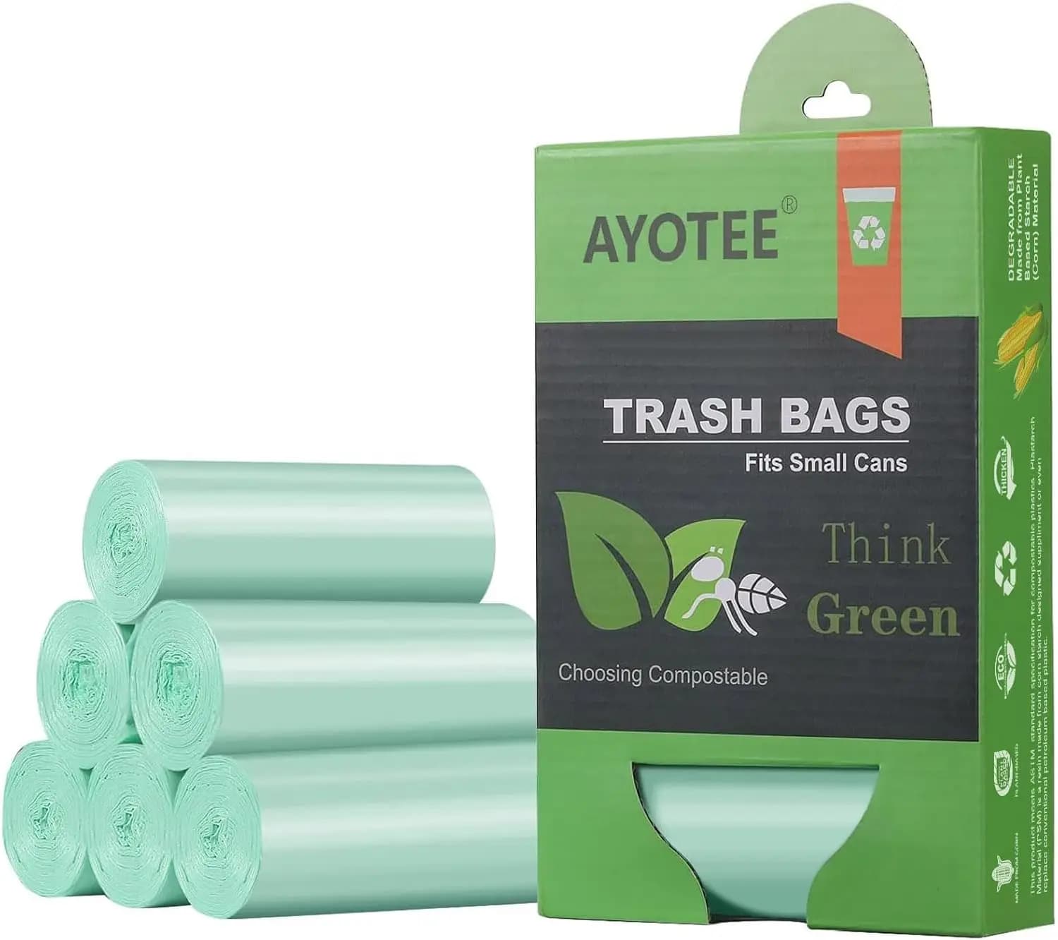 Compostable 1.2 Gal Small Trash Bags for 5L Wastebaskets, 125 Count, Green