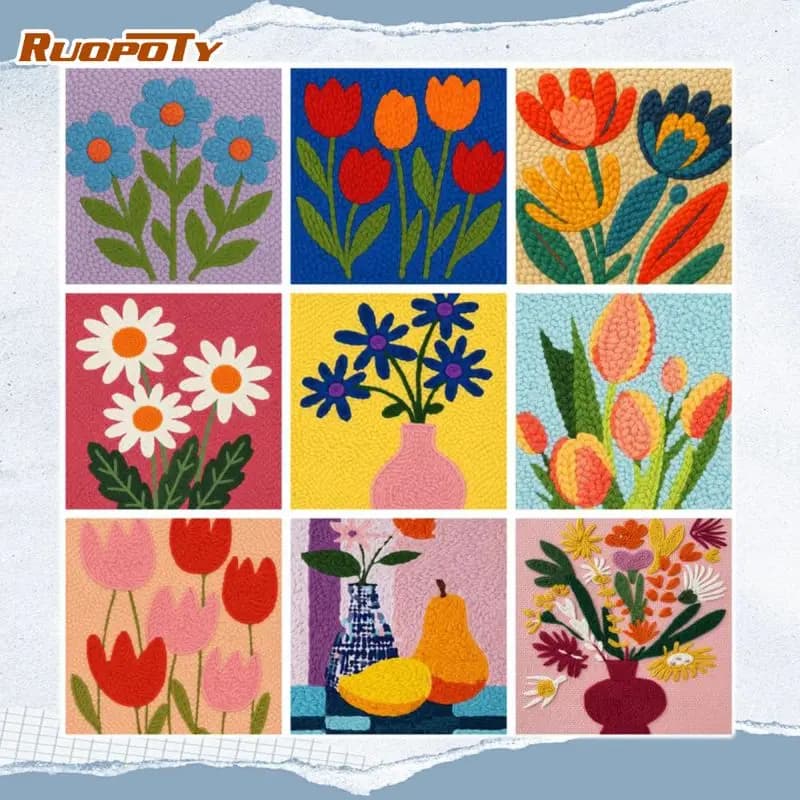 RUOPOTY Framed Blue Bouquet Punch Needle Living Room Decoration Embroidery Starter Kit Flower Diy Punch Needle Kit Home Decor Ne
