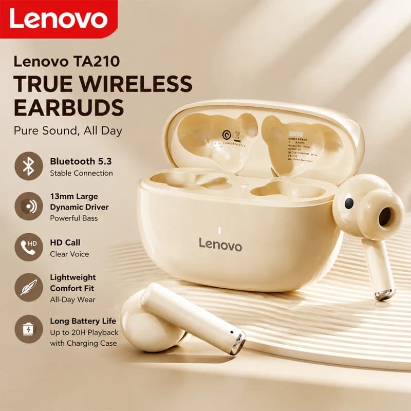 Lenovo TA210 Bluetooth Wireless Headphones Built In Microphone Charging Port Noise Isolating Comfortable Over In Ear TypeHeadset