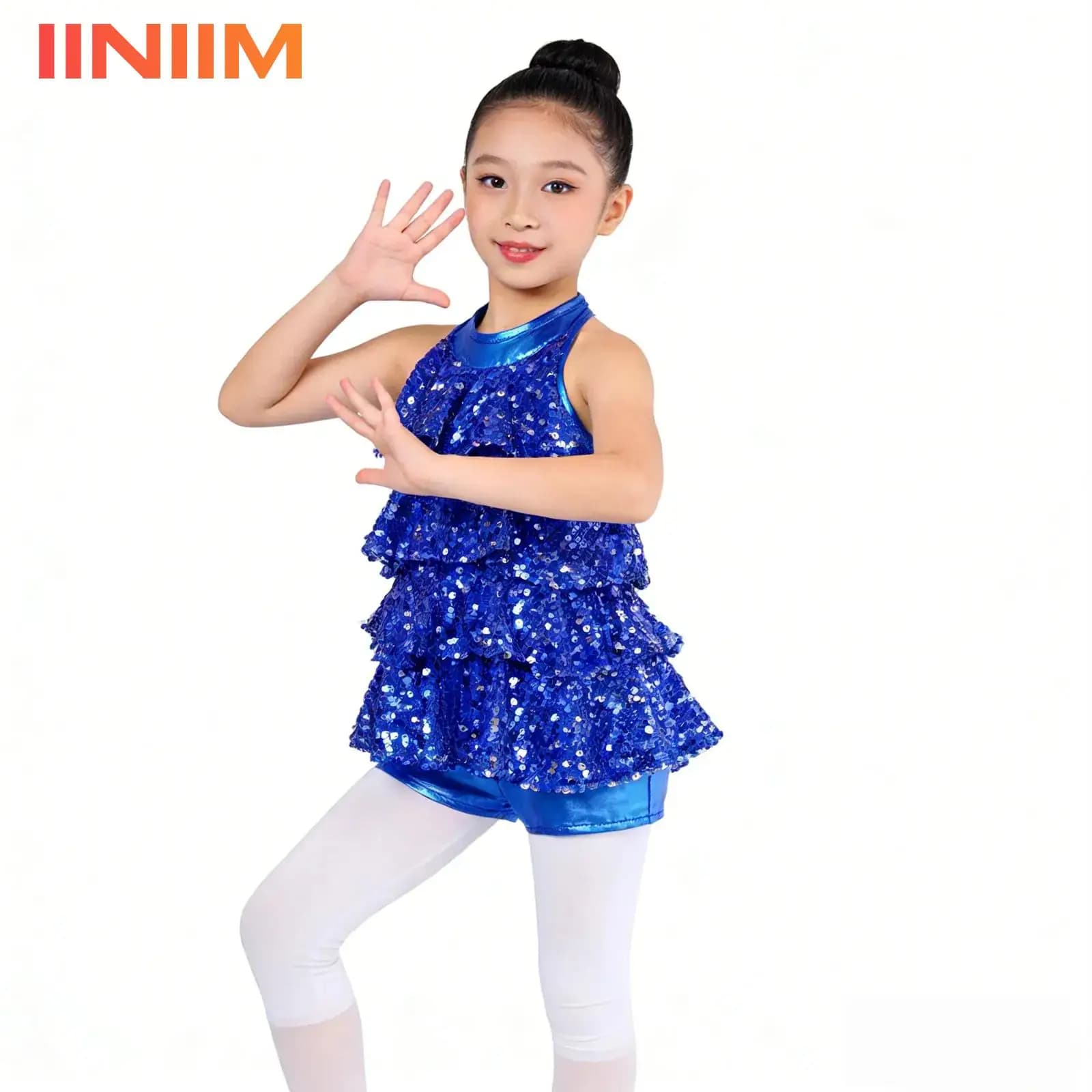 Sparkling jazz dance dress for girls, with layered sequins, glittered leotard, ballet short unitard, performance costume
