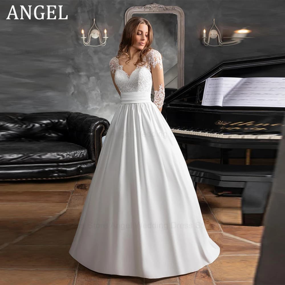 ANGEL Elegante Boho Abiti da sposa per le donne 2025 Personalizzato scollo a V Appliques in pizzo Illusion Cintura con bottoni Abiti da sposa in raso