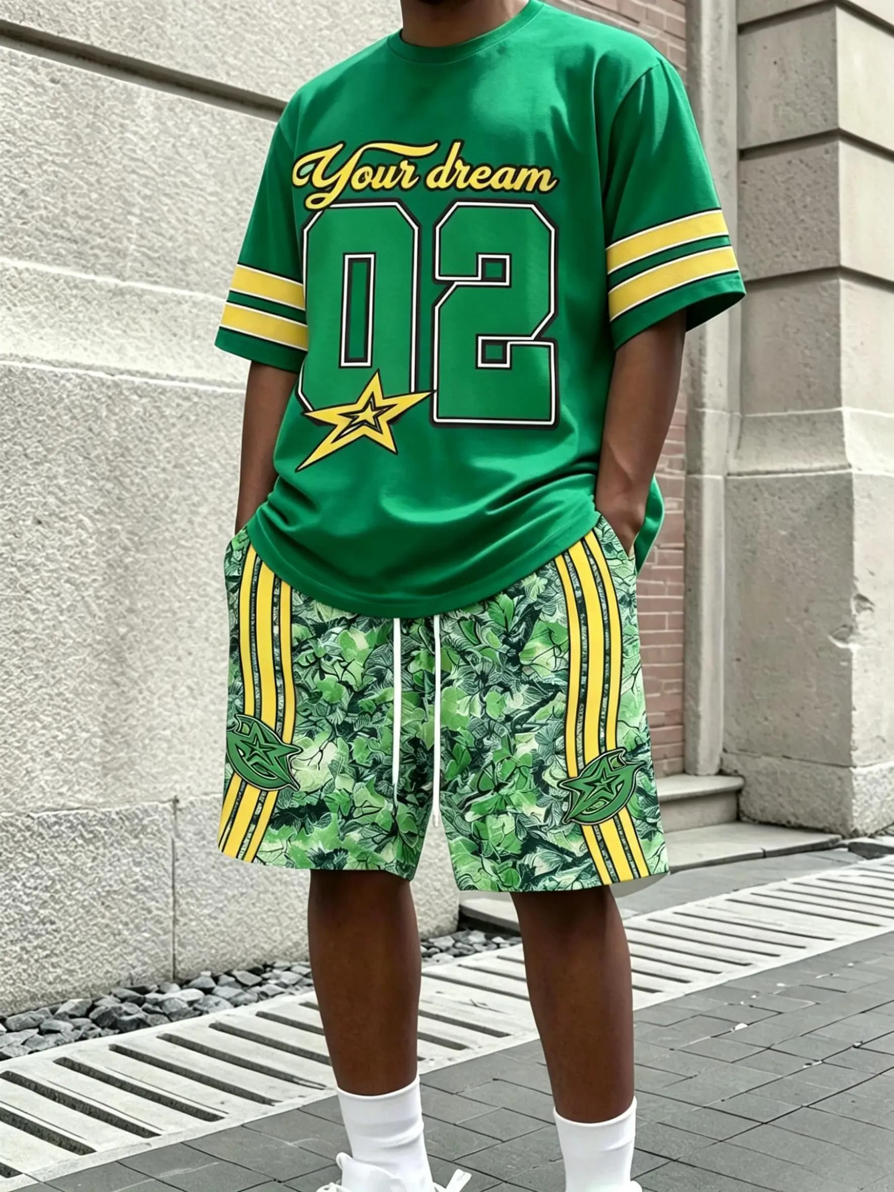 American men's summer new striped letter print soft and breathable round neck tshirt drawstring shorts set outdoor streetwear