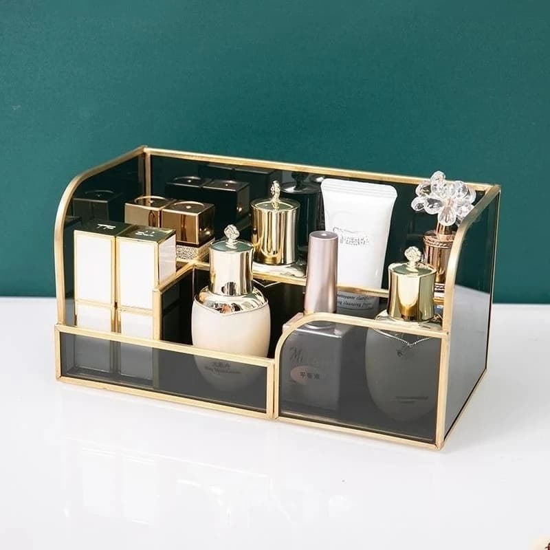 Light luxury desk box for cosmetics, transparent glass shelf for skin care products, large storage basket for home and bedroom