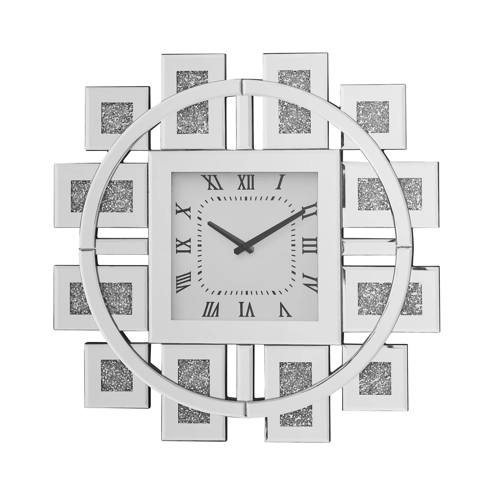Sparkle Crystal Mirrored Geometric Wall Clock, Modern Square Frame Silent Non-Ticking Clock for Glam Living Room Decor