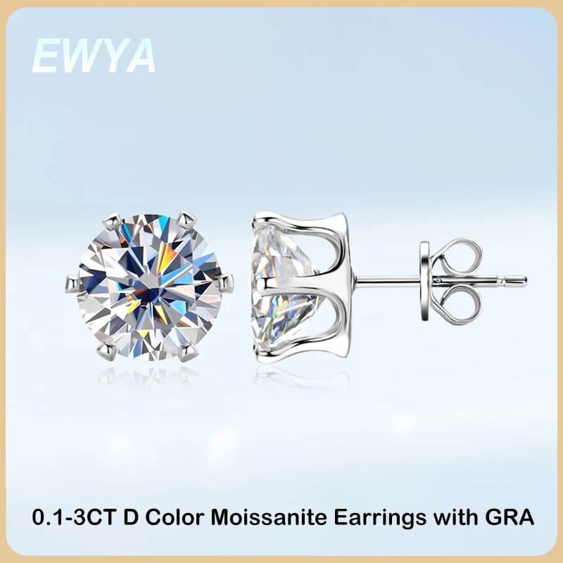EWYA Sparkling Real 0.1-3CT D Color Moissanite Stud Earrings For Women Girls S925 Silver Plated 18K Diamond Earring Ear Studs