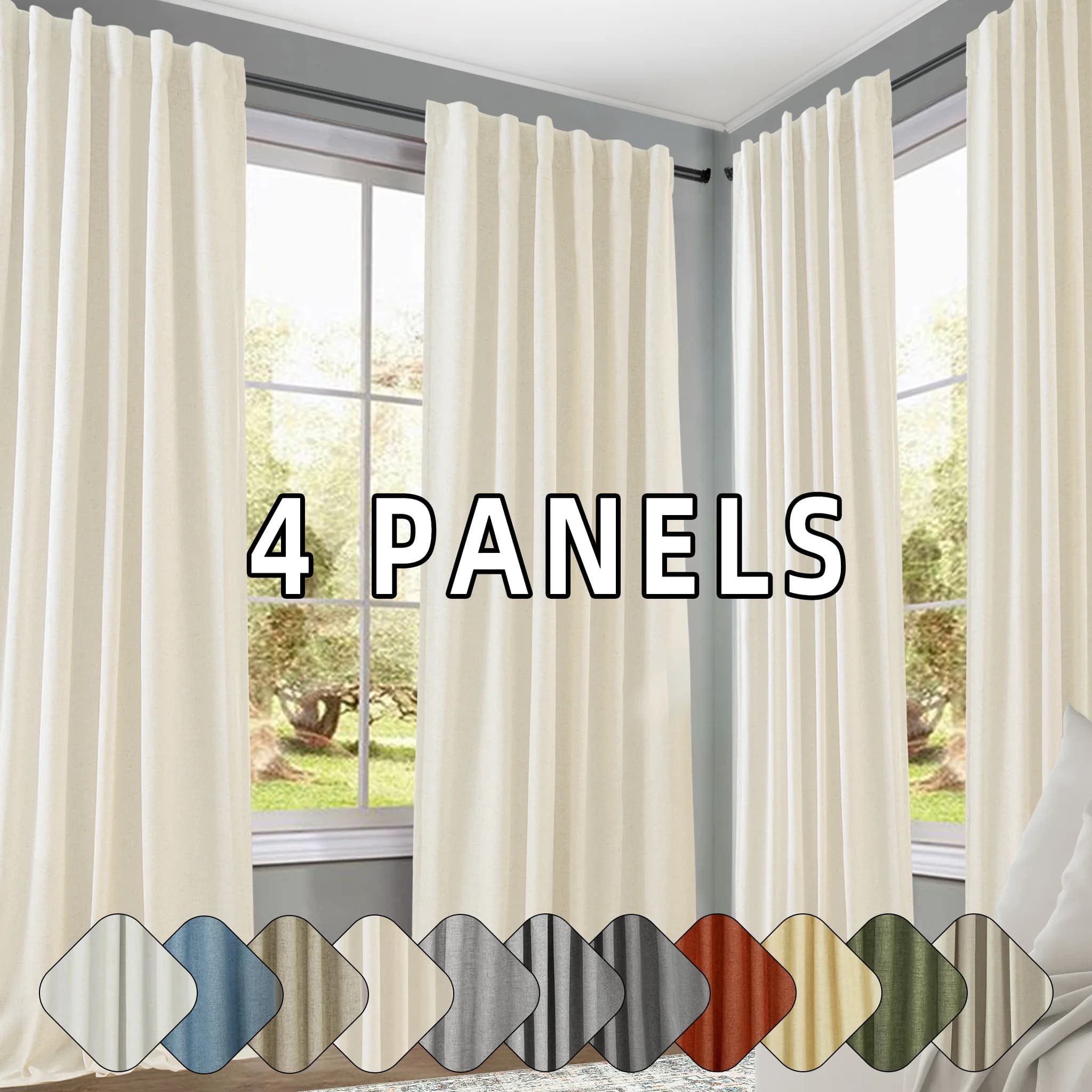 Tende in Lino Oscuranti al 100% con 4 Pannelli per Camera da Letto, Stile Rustico, Isolamento Termico, con Tasca per Asta e Linguette Posteriori, Blocco Totale della Luce per Soggiorno